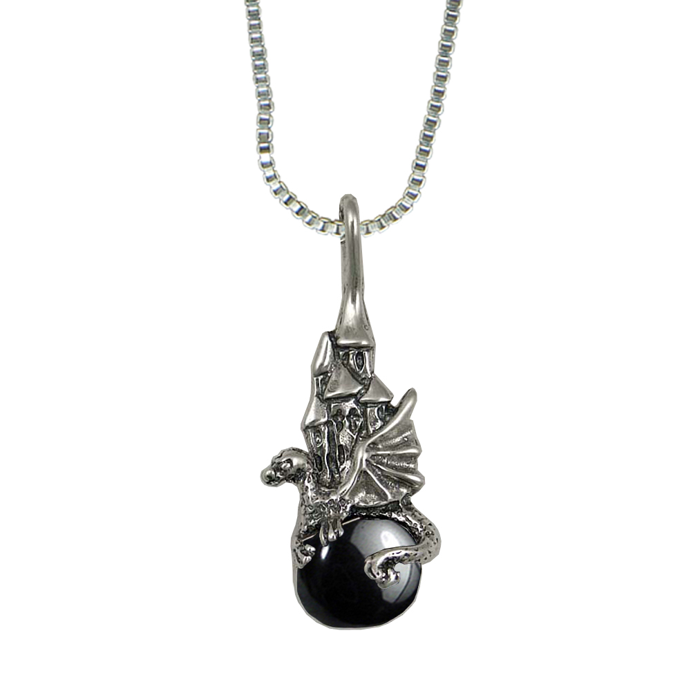 Sterling Silver Castle And Dragon of Prosperity Pendant With Hematite